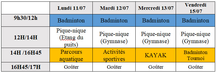 Planning des activités du stage estival