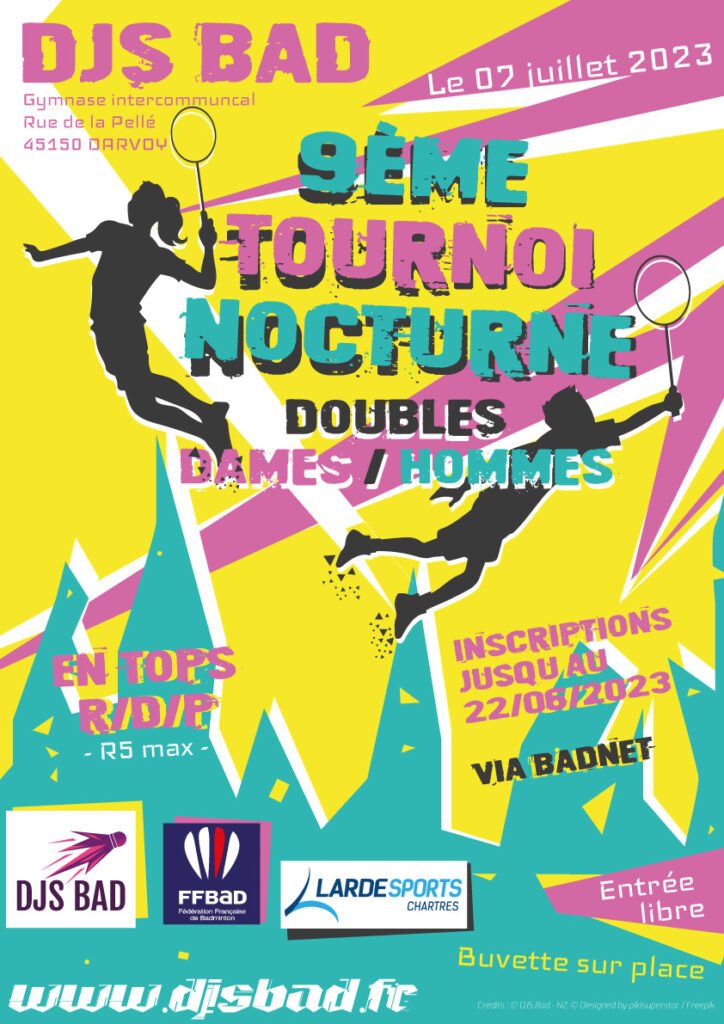 Affiche 9ème tournoi nocturne DJS Bad - Doubles dames - Doubles Hommes - le 07-07-2023